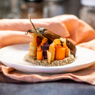 Recipe: Carrot Curls and Aubergine on Quinoa