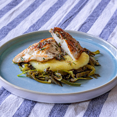 Recipe: Chicken on Creamy Polenta and Steamed Leek Vegetables